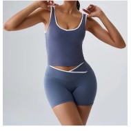 Women Fashion Casual Contrast Color Tank Top Backless High Waist Shorts Yoga Two-Piece Set