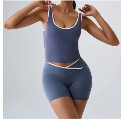 Women Fashion Casual Contrast Color Tank Top Backless High Waist Shorts Yoga Two-Piece Set