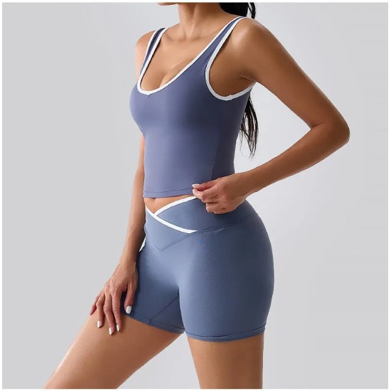 Women Fashion Casual Contrast Color Tank Top Backless High Waist Shorts Yoga Two-Piece Set