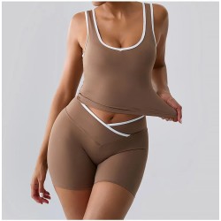 Women Fashion Casual Contrast Color Tank Top Backless High Waist Shorts Yoga Two-Piece Set