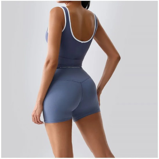 Women Fashion Casual Contrast Color Tank Top Backless High Waist Shorts Yoga Two-Piece Set