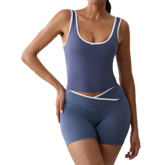 Women Fashion Casual Contrast Color Tank Top Backless High Waist Shorts Yoga Two-Piece Set