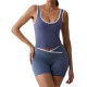 Women Fashion Casual Contrast Color Tank Top Backless High Waist Shorts Yoga Two-Piece Set