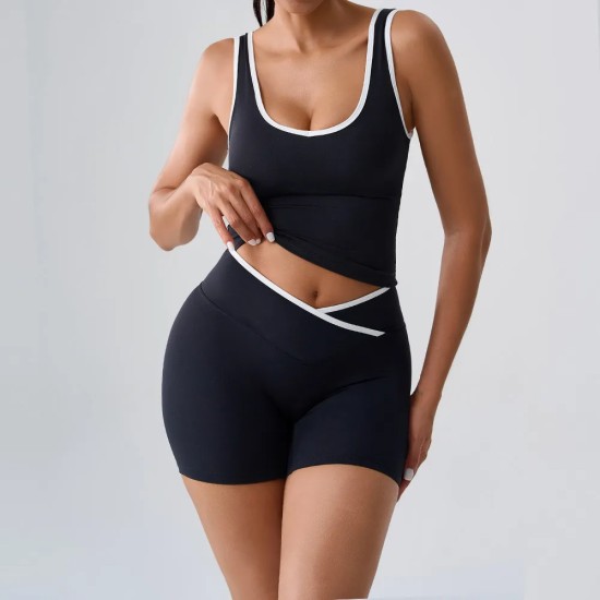Women Fashion Casual Contrast Color Tank Top Backless High Waist Shorts Yoga Two-Piece Set