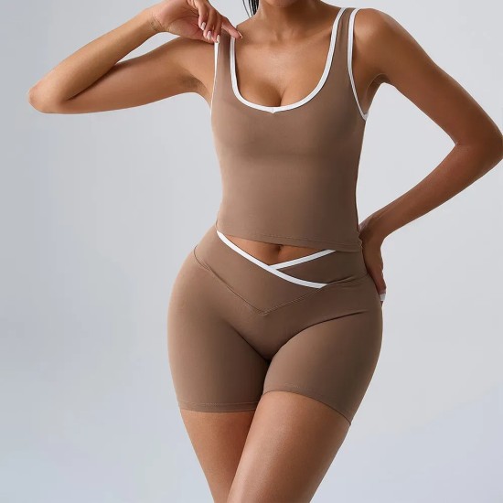 Women Fashion Casual Contrast Color Tank Top Backless High Waist Shorts Yoga Two-Piece Set