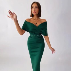 Women Fashion Elegant Solid Color Off Shoulder High Waist Belt Slim Fit Dress