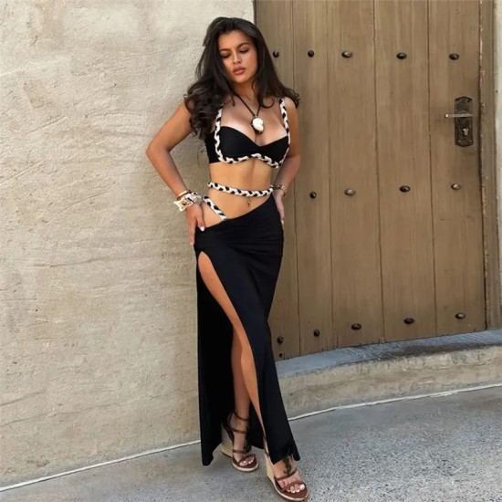 Women Fashion Sexy Contrast Color Camisole Slim-Fit Split Skirt Two-Piece Set