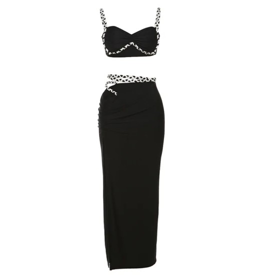 Women Fashion Sexy Contrast Color Camisole Slim-Fit Split Skirt Two-Piece Set