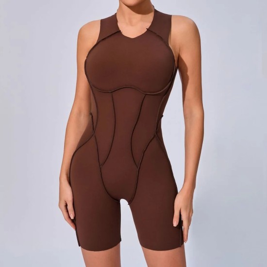 Women Fashion Casual Solid Color Line Tight Sleeveless Yoga Rompers