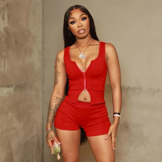 Women Fashion Sexy Solid Color Sleeveless Zipper Tank Top Tight Shorts Two-Piece Set