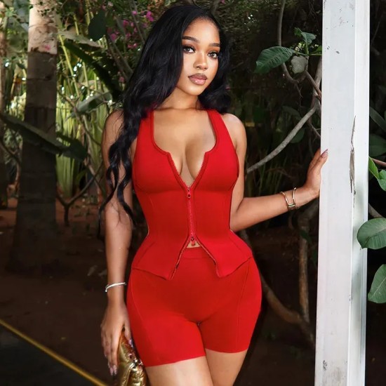 Women Fashion Sexy Solid Color Sleeveless Zipper Tank Top Tight Shorts Two-Piece Set