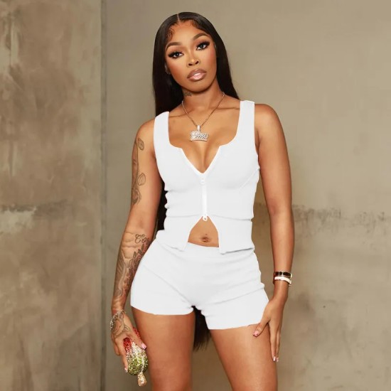 Women Fashion Sexy Solid Color Sleeveless Zipper Tank Top Tight Shorts Two-Piece Set