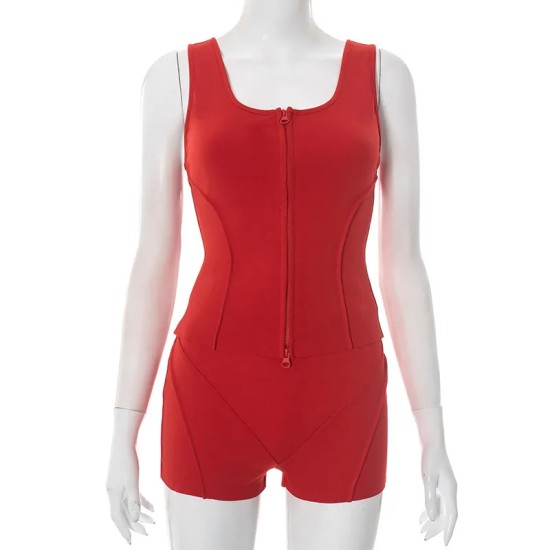 Women Fashion Sexy Solid Color Sleeveless Zipper Tank Top Tight Shorts Two-Piece Set