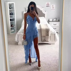 Women Fashion Sexy Irregular Ruffled Spaghetti Strap Dress