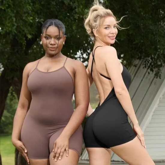 Women Fashion Sexy Solid Color Backless Tight Pleated Sports Rompers