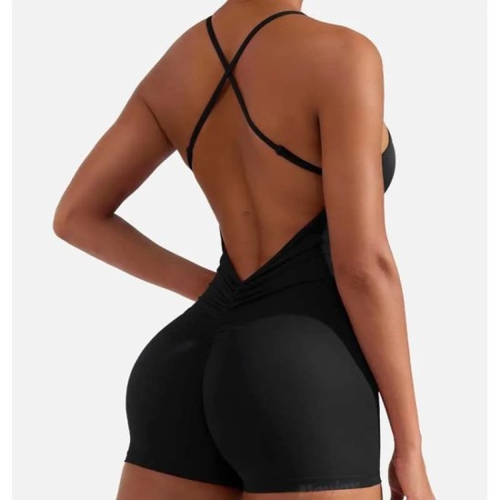 Women Fashion Sexy Solid Color Backless Tight Pleated Sports Rompers