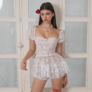 Women Fashion Sexy Mesh Tight Waist Bubble Short Sleeve Dress