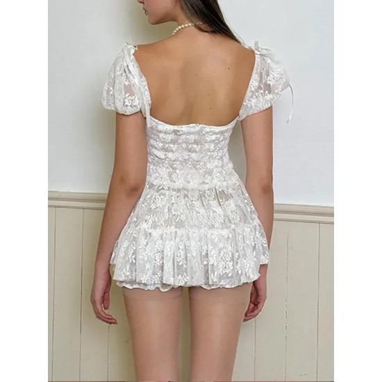 Women Fashion Sexy Mesh Tight Waist Bubble Short Sleeve Dress