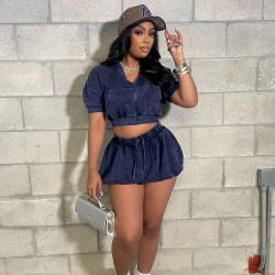 Women Fashion Casual Solid Color Short-Sleeve Crop Top Lantern Skirts Two-Piece Set