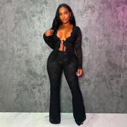 Women Fashion Sexy Solid Color Lace Hollow-Out Lace-Up Long Sleeve Top Tight Pants Two-Piece Set