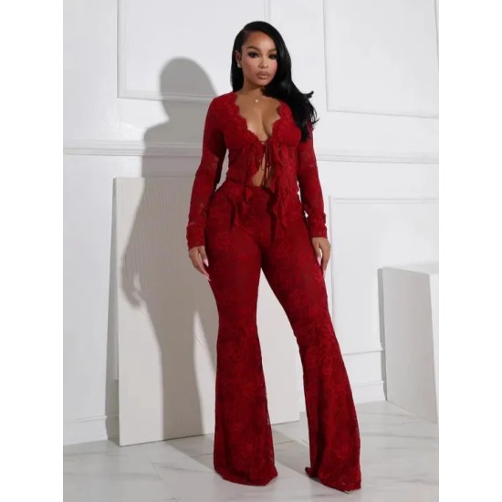 Women Fashion Sexy Solid Color Lace Hollow-Out Lace-Up Long Sleeve Top Tight Pants Two-Piece Set