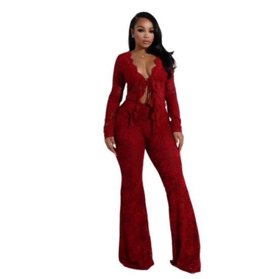 Women Fashion Sexy Solid Color Lace Hollow-Out Lace-Up Long Sleeve Top Tight Pants Two-Piece Set