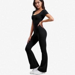 Women Fashion Casual Solid Color Square Neck Short-Sleeve Backless Yoga Sports Jumpsuits