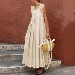 Women Fashion Casual Solid Color Curled Edge Sleeveless Loose Dress