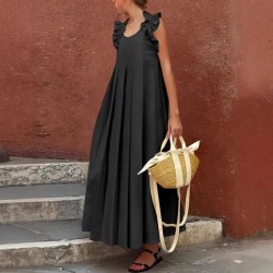 Women Fashion Casual Solid Color Curled Edge Sleeveless Loose Dress