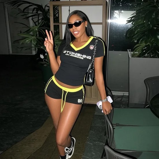 Women Fashion Casual Digital Printed V-Neck Short Sleeve T-Shirt Tight Shorts Two-Piece Set