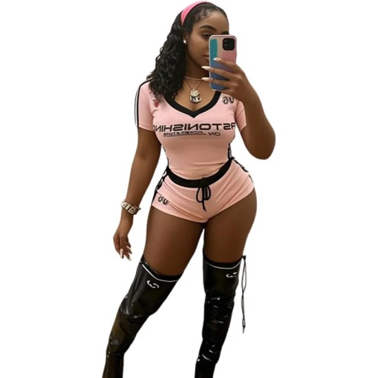 Women Fashion Casual Digital Printed V-Neck Short Sleeve T-Shirt Tight Shorts Two-Piece Set