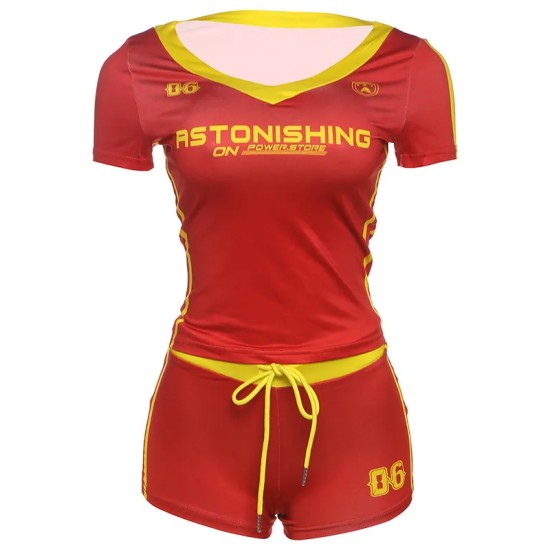 Women Fashion Casual Digital Printed V-Neck Short Sleeve T-Shirt Tight Shorts Two-Piece Set