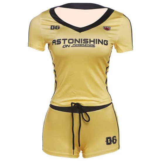 Women Fashion Casual Digital Printed V-Neck Short Sleeve T-Shirt Tight Shorts Two-Piece Set