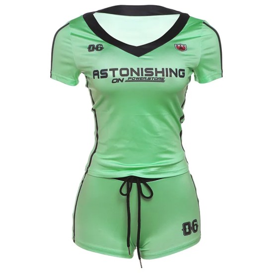 Women Fashion Casual Digital Printed V-Neck Short Sleeve T-Shirt Tight Shorts Two-Piece Set