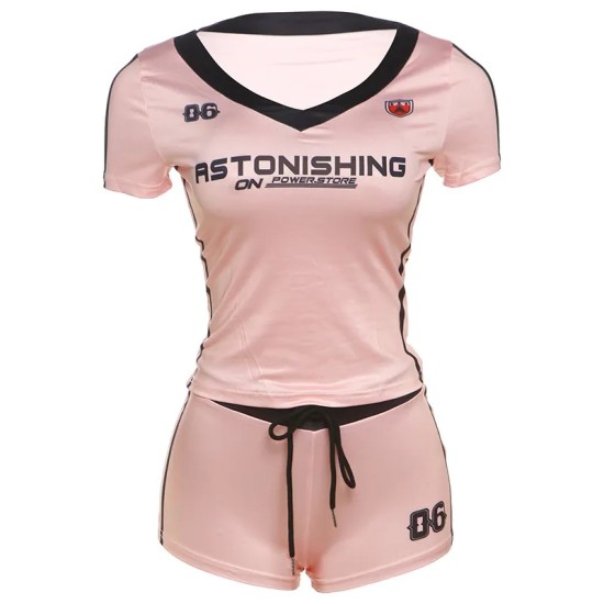Women Fashion Casual Digital Printed V-Neck Short Sleeve T-Shirt Tight Shorts Two-Piece Set