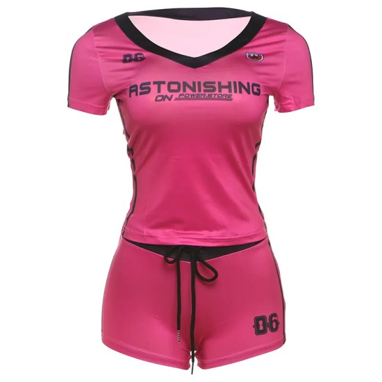 Women Fashion Casual Digital Printed V-Neck Short Sleeve T-Shirt Tight Shorts Two-Piece Set