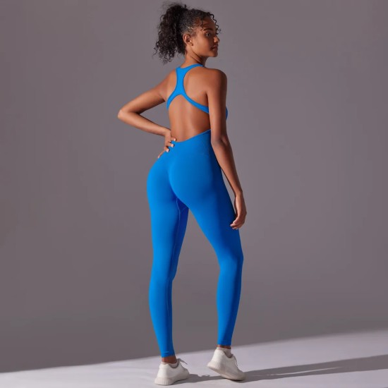 Women Casual Solid Color Backless Yoga Tight Jumpsuits