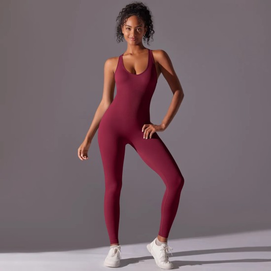 Women Casual Solid Color Backless Yoga Tight Jumpsuits