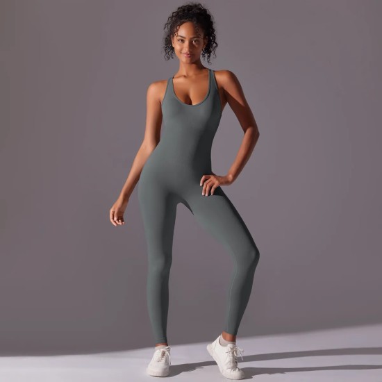Women Casual Solid Color Backless Yoga Tight Jumpsuits