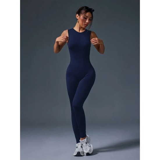Women Fashion Solid Color Sleeveless Tight Yoga Jumpsuits