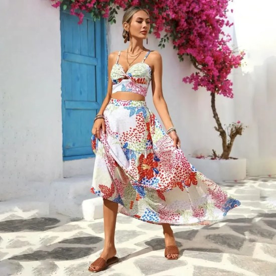 Women Fashion Sexy Printed Camisole Loose Skirts Two-Piece Set