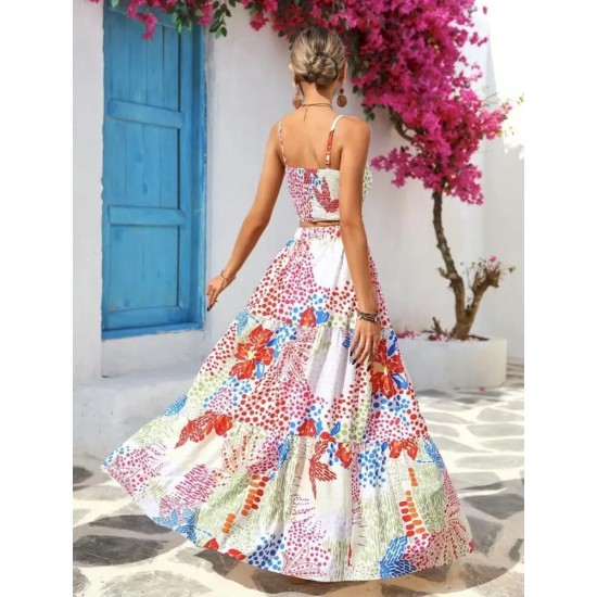 Women Fashion Sexy Printed Camisole Loose Skirts Two-Piece Set