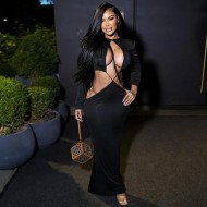 Women Fashion Sexy Solid Color Hollow-Out Long-Sleeve Slim Fit Dress