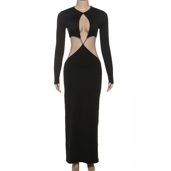 Women Fashion Sexy Solid Color Hollow-Out Long-Sleeve Slim Fit Dress
